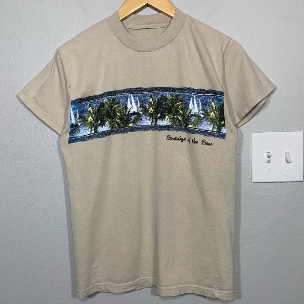 Vintage Ocean Palm Trees Sailing Boats Sovereign‎ of the Seas Tan Tee Small